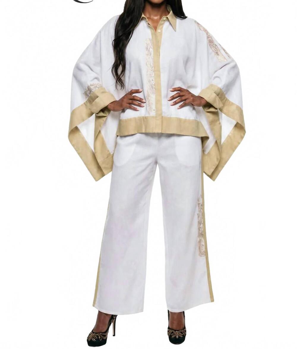 NEW LISA RENE 2 piece tunic & pant set in white/khaki